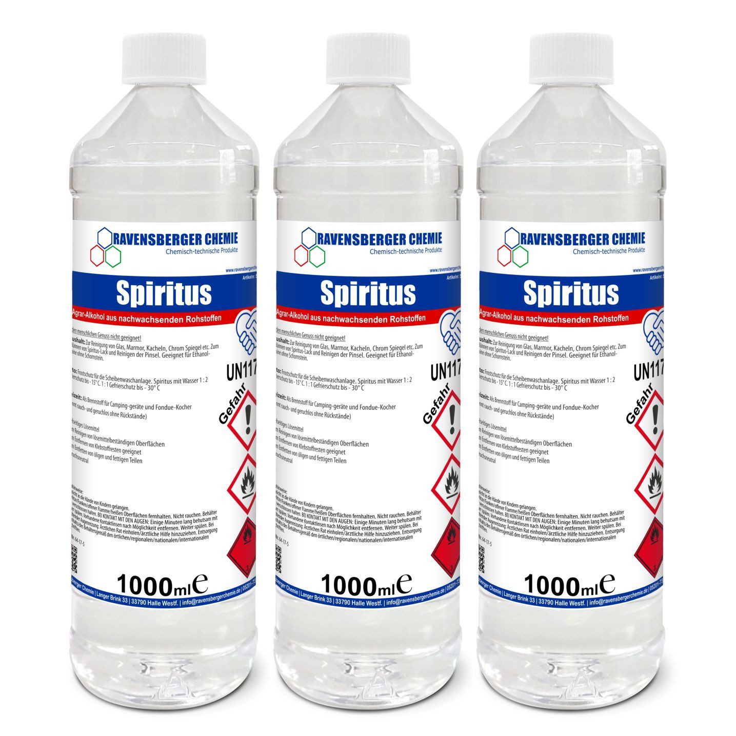 Ravensberger Chemie Brennspiritus Spiritus 1 Liter, 3 l, (3x 1L Flasche von Ravensberger Chemie), Spiritus 1L – Brennspiritus & Reiniger für Haushalt und Werkstatt