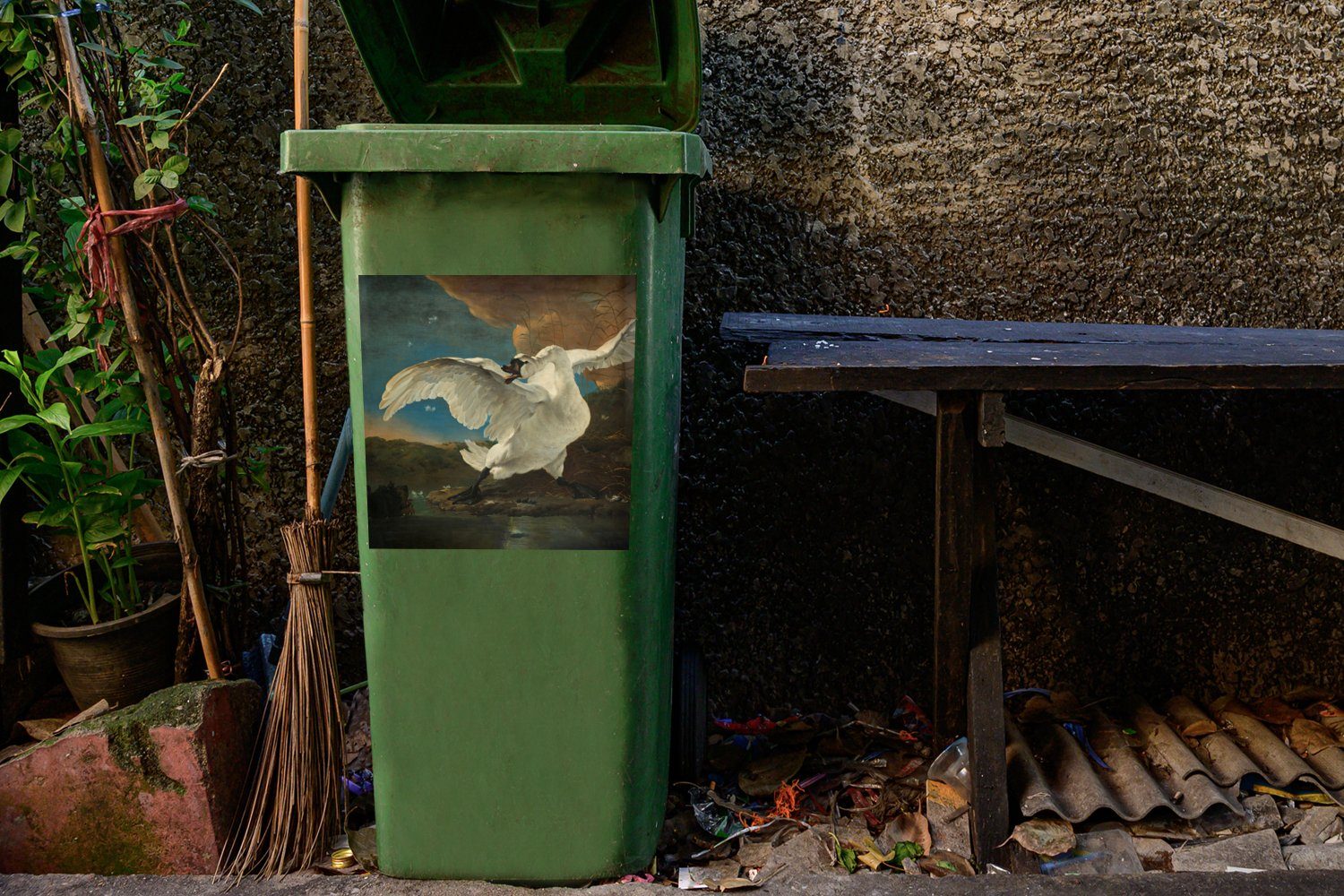Mülleimer-aufkleber, (1 St), Meister Jan - Container, Alte Mülltonne, Wandsticker - MuchoWow Schwan Abfalbehälter Sticker, Asselijn