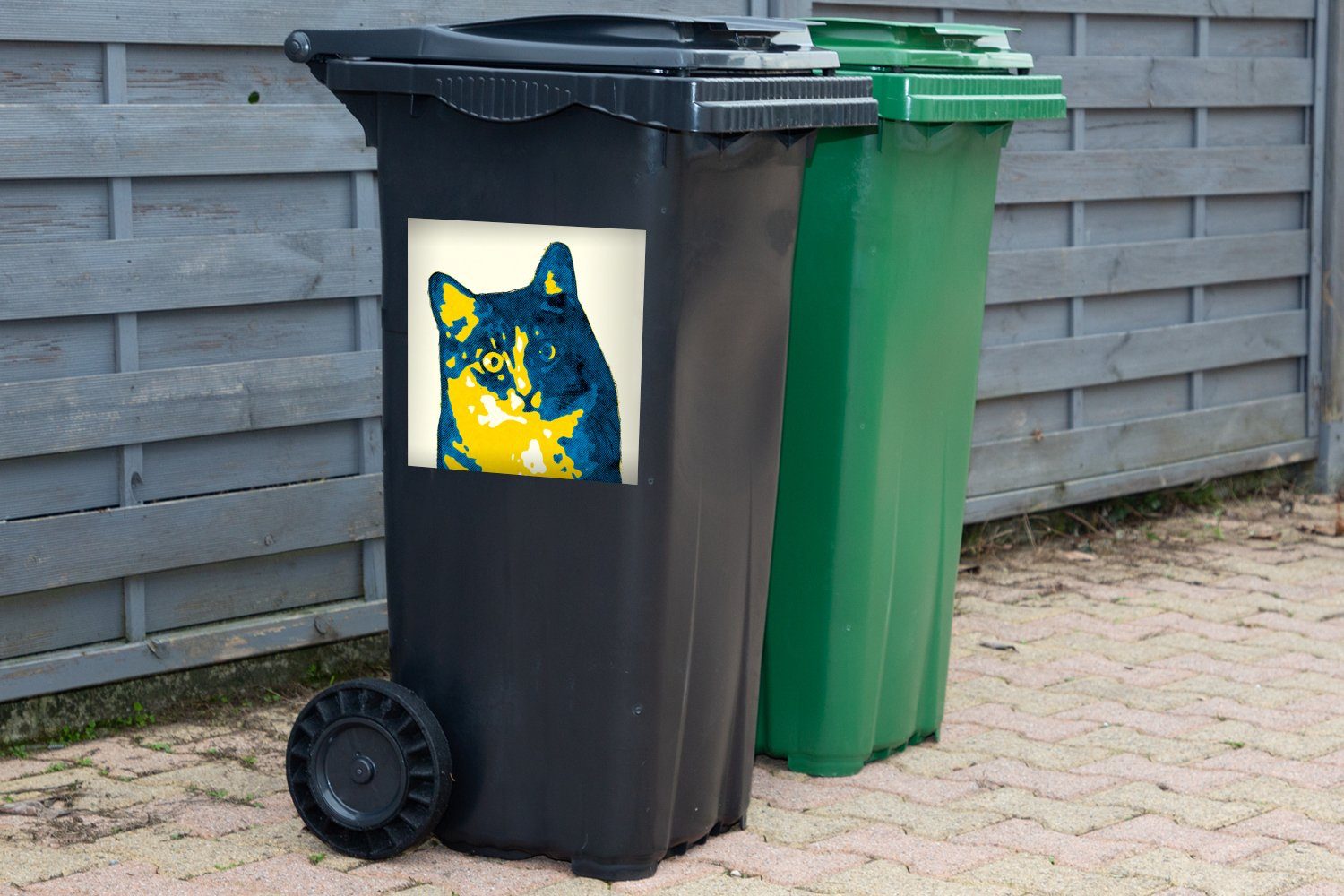 Das Katze Mülleimer-aufkleber, Sticker, Porträt Pop-Art-Stil Container, einer MuchoWow (1 Abfalbehälter Mülltonne, St), im Wandsticker