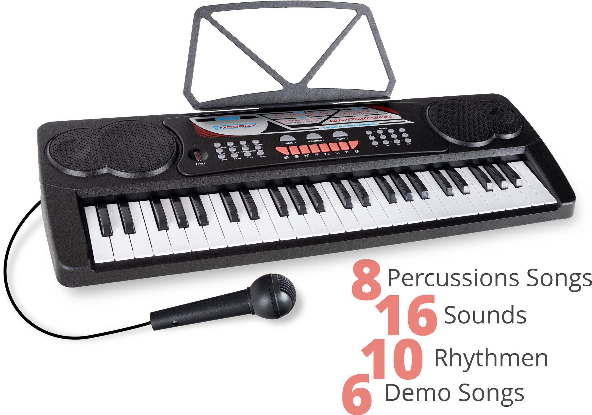 McGrey Home-Keyboard BK-4910 Einsteigerkeyboard mit 49 Tasten (2-St., inkl. Mikrofon für Gesang und Notenständer), mit 16 Sounds, 10 Rhythmen und Lernfunktion