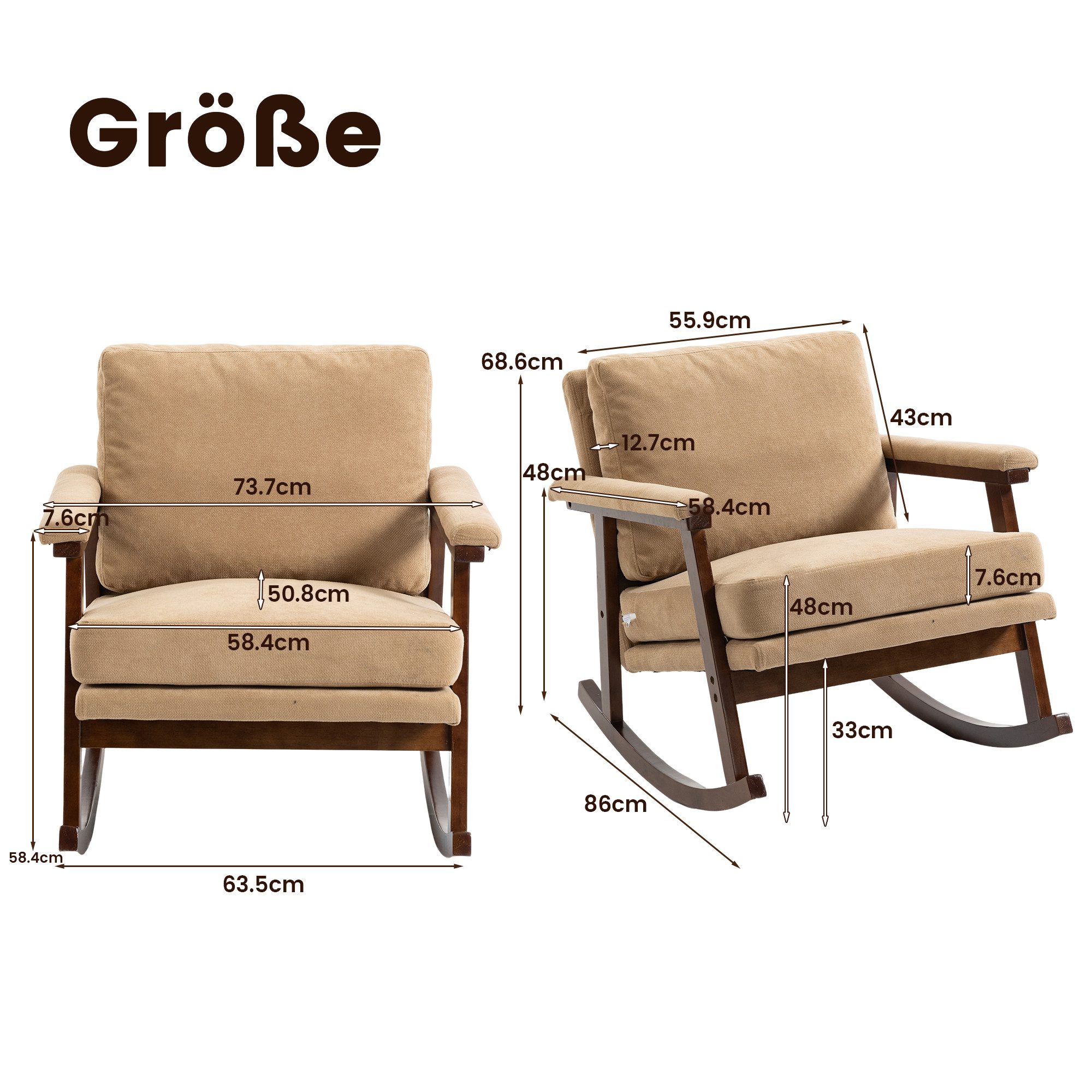 KLAM HOME Schaukelstuhl Mid-Century Schaukelstuhl mit Holzgestell und edlem Samtbezug (Komfortabler gepolsterter Lesesessel für Wohn- und Schlafzimmer), Stilvoller weißer Schaukelstuhl, perfekt zum Entspannen und Lesen