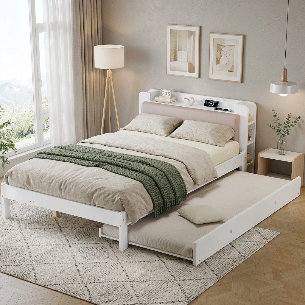 Flieks Massivholzbett, Kinderbett 120x200cm mit Ausziehbett 90x190cm, Aufladen, Kopfteilregal