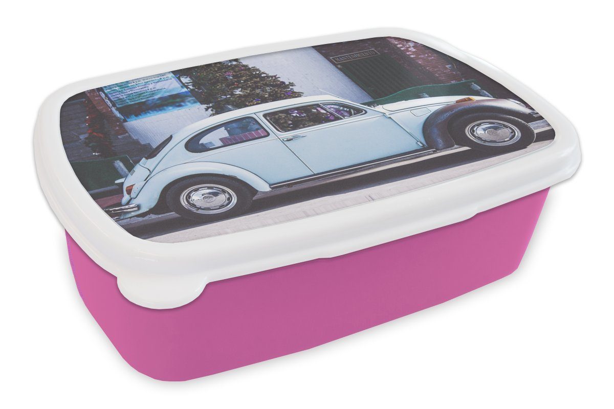 MuchoWow Lunchbox Auto - Oldtimer - Weiß, Kunststoff, (2-tlg), Brotbox für Erwachsene, Brotdose Kinder, Snackbox, Mädchen, Kunststoff rosa