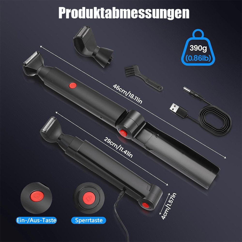 TUWENA Körperrasierer Einziehbarer Körperrasierer, USB Körpertrimmer mit Doppelmesserkopf, Langer Griff Elektrischer Body Groomer Gesichts, Arm, Kinn-Barttrimmer