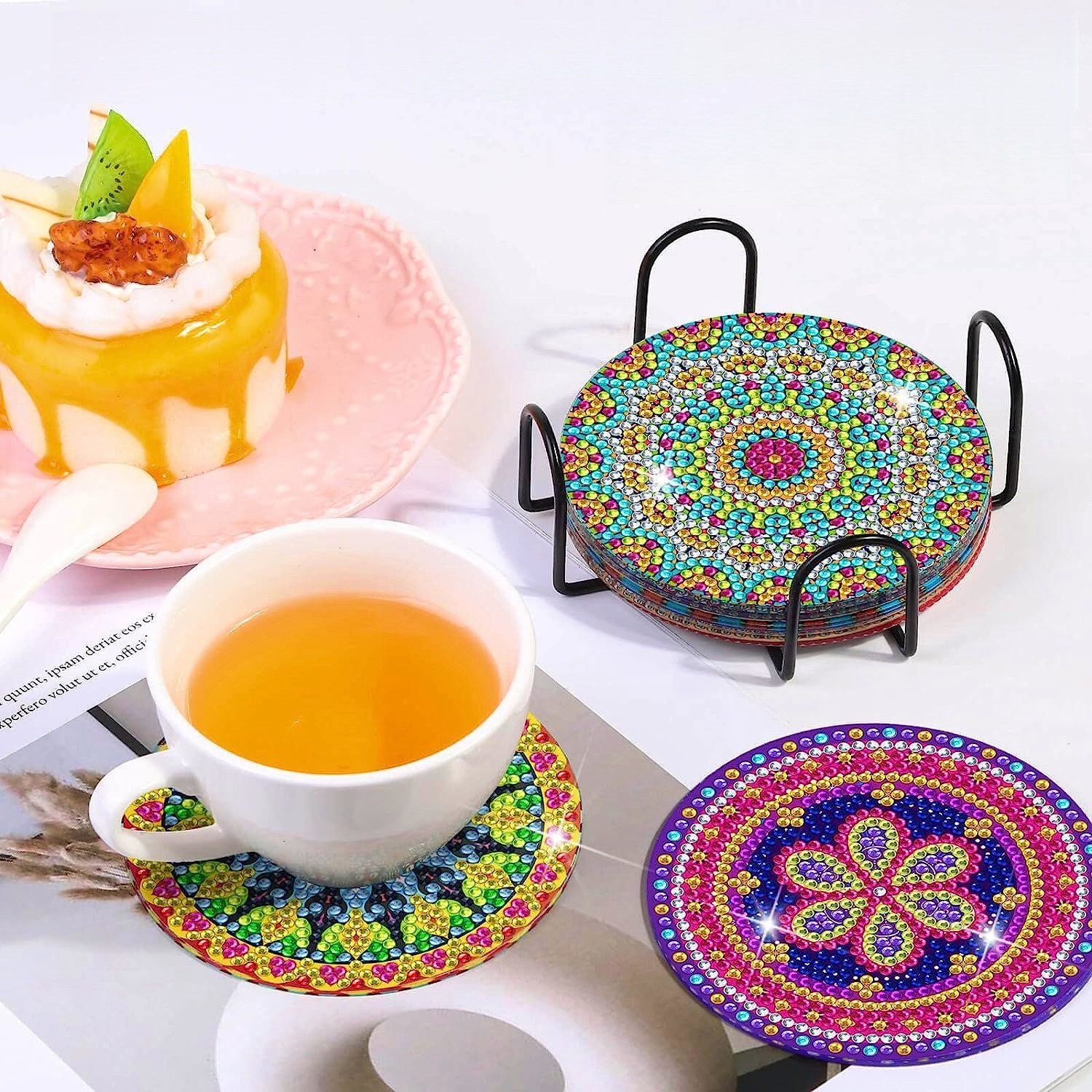 FOUORTUNATE-BEE Kreativset Diamantmalerei Untersetzer Set 8tlg DIY Bastelset mit Halter, Bastelset Untersetzer für Kinder Erwachsene Geschenk DIY Deko