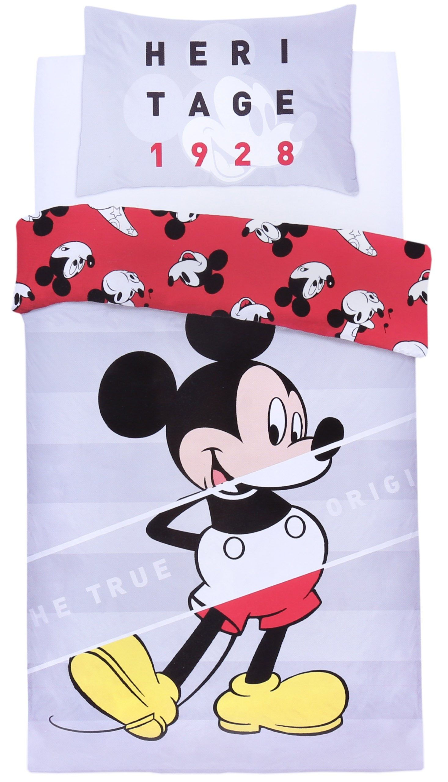 Bettbezug Grau-rote Bettwäsche Einzelset Mickey Mouse Disney 135x200 cm, Sarcia.eu