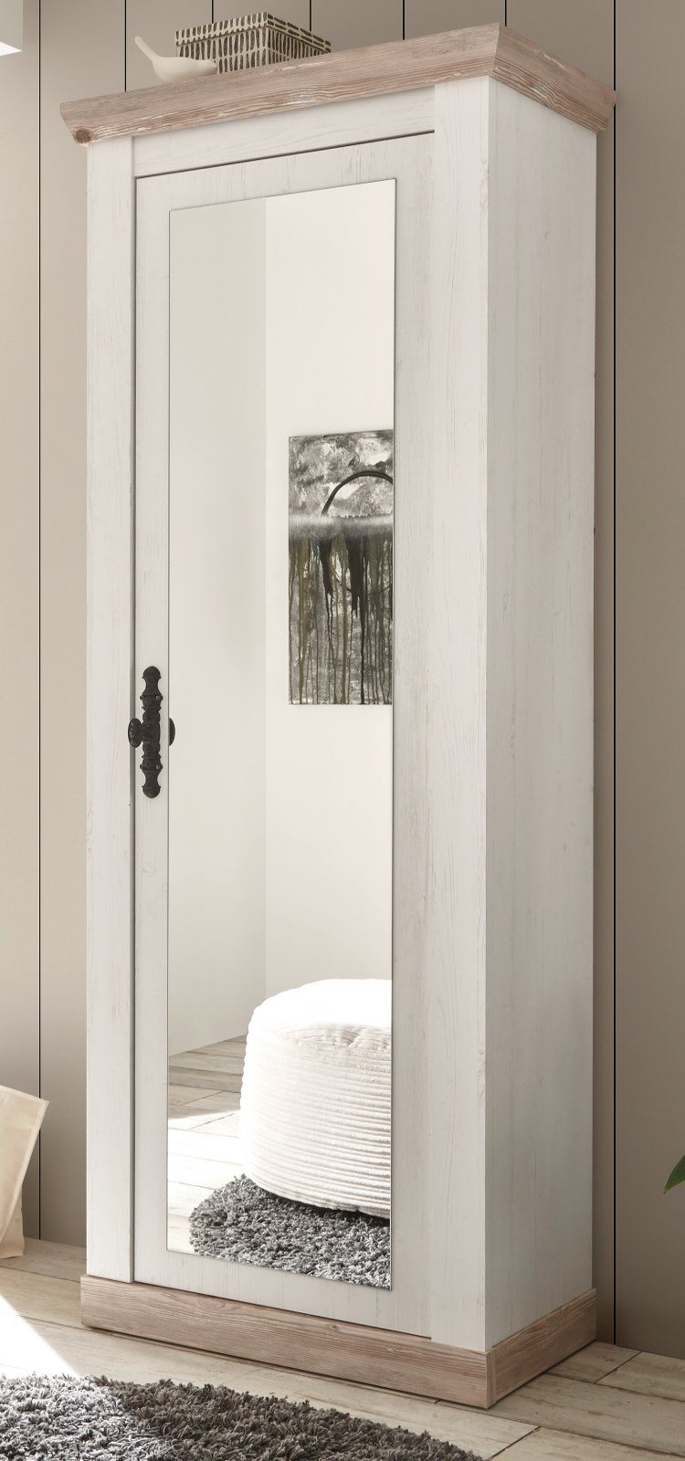 Furn.Design Garderobenschrank Rovola (Schuhschrank in Pinie weiß, 73 x 201 cm) mit großer Spiegeltür, variable Inneneinteilung