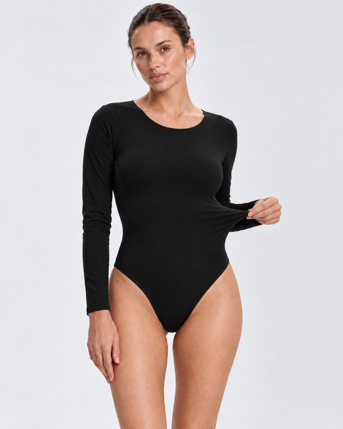 fashionshowcase Langarmbody Damen Baumwolle Bodysuit mit Hakenverschluss Basic Rundhals aus Baumwoll-Stretch mit Schrittverschluss