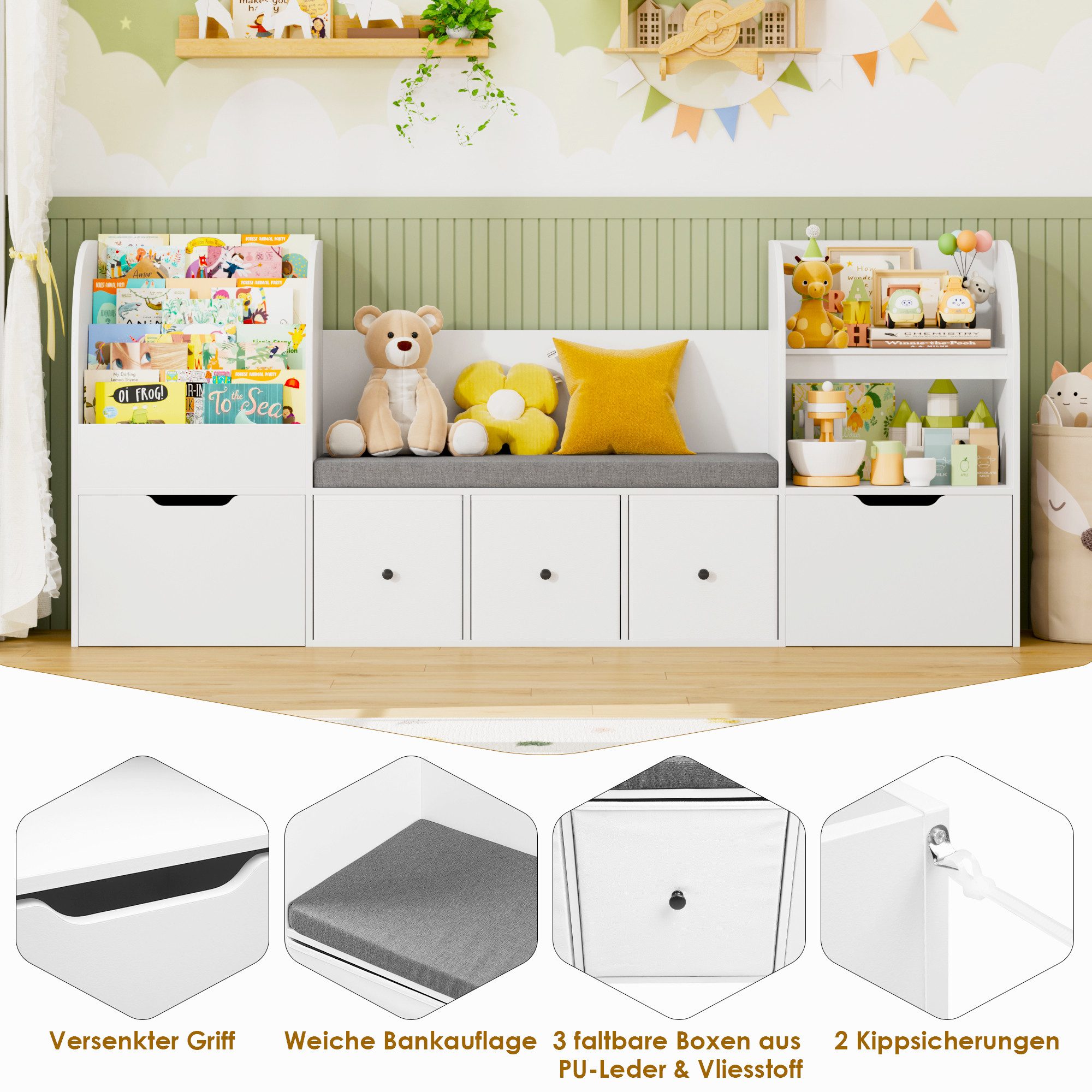 Homfa Kinderregal 180cm Sitzbank für Kinder mit 2 Schubladen auf Räder & 3 Stoffboxen, Spielzeugregal,Spielzeugtruhe, Kinderregal mit Bücherregal 180x35x80cm – Bild 5 von 5