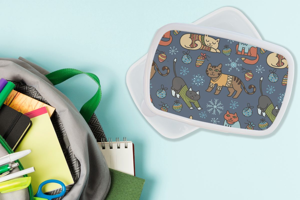 MuchoWow Lunchbox Katze - Kinder für Muster, und Jungs Mädchen für Erwachsene, weiß (2-tlg), Kunststoff, Tiere - Weihnachten Brotbox und Brotdose, 