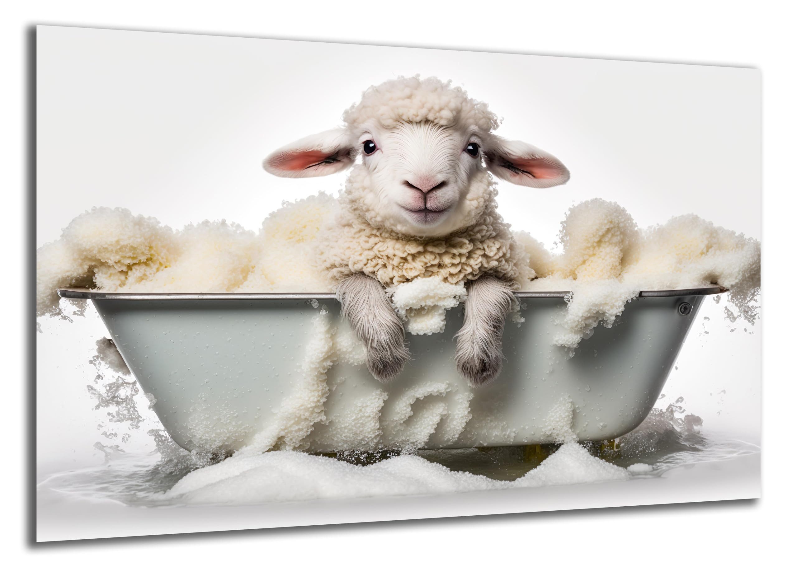 DARO Design Wandbild Baby Tiere Badewanne Wandbilder Wand Deko Lustig Leinwandbild, (Baby Schaf Schäfchen in der Badewanne - Bild klein Badezimmer Gäste-WC Flur Diele Einteilig Querformat Fotodruck Badezimmer-Humor Tiere), 30x20 cm