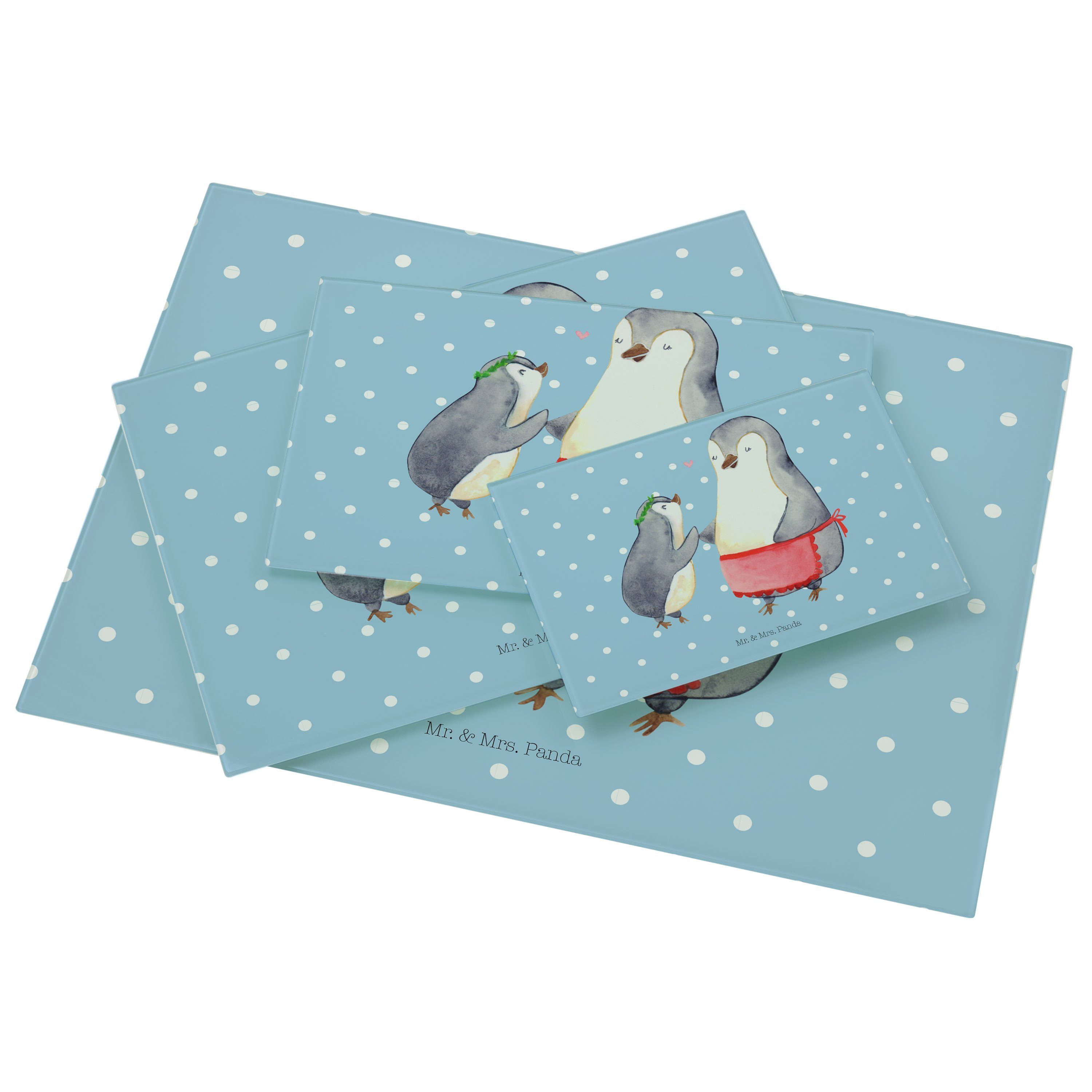 - Geschenk, Blau mit (1-St) Mrs. Pinguin Panda Kind Mami, Glasschneidebrett, Mr. - Premium Pastell Glas, Servierbrett &