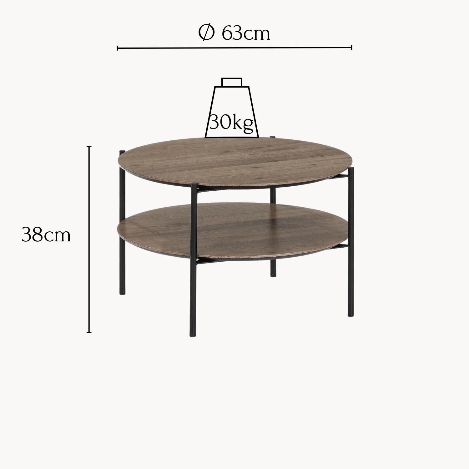 Wohnando Couchtisch Runder Couchtisch "Alexandros Rundo", 63x63x38cm Piniendekor braun, Sofatisch, mit Ablagefach, Wohnzimmer, kleiner moderner Tisch