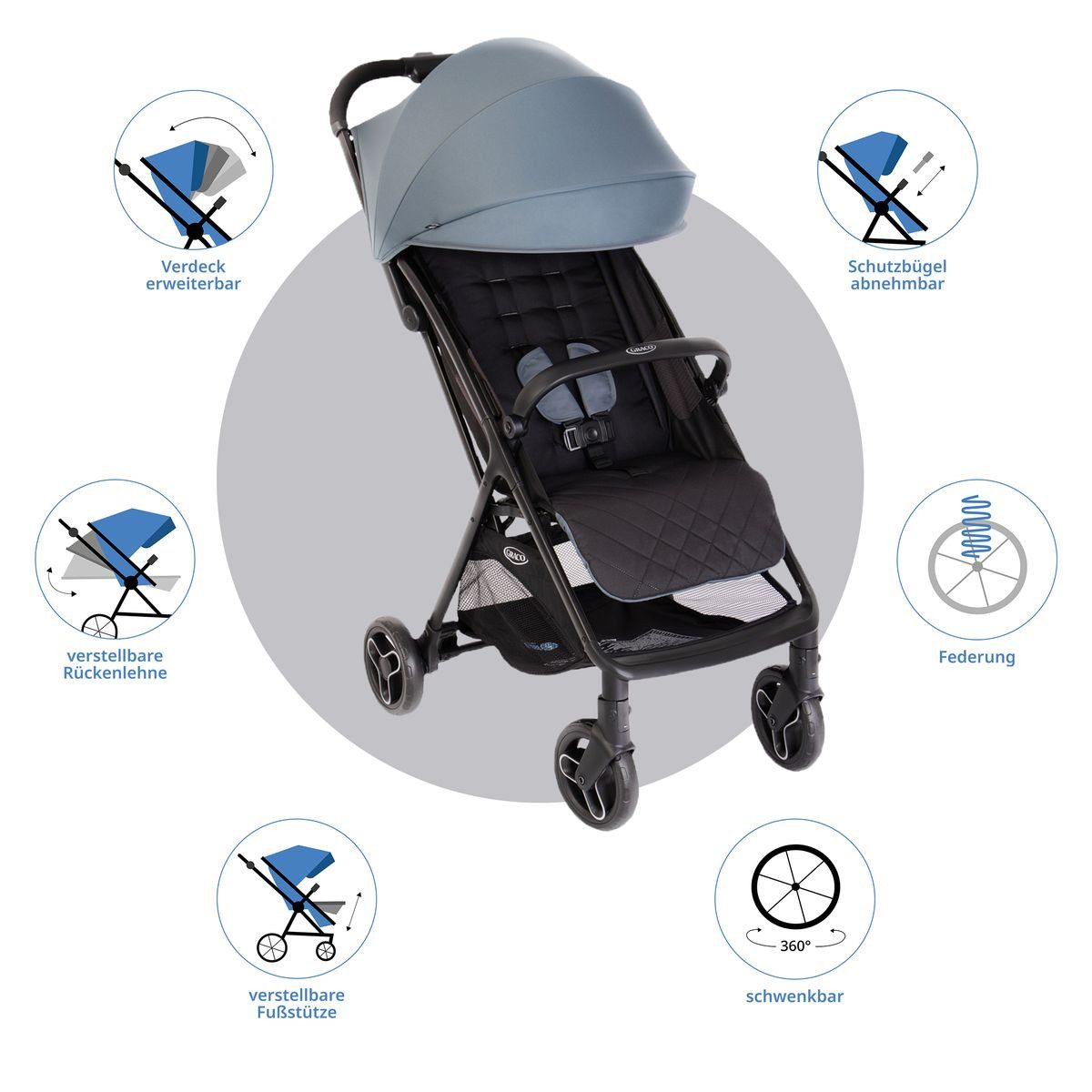 Graco Kinder-Buggy Myavo - Stormy, Sportwagen Reisebuggy bis 22 kg mit Liegefunktion & Regenschutz 5,8 kg