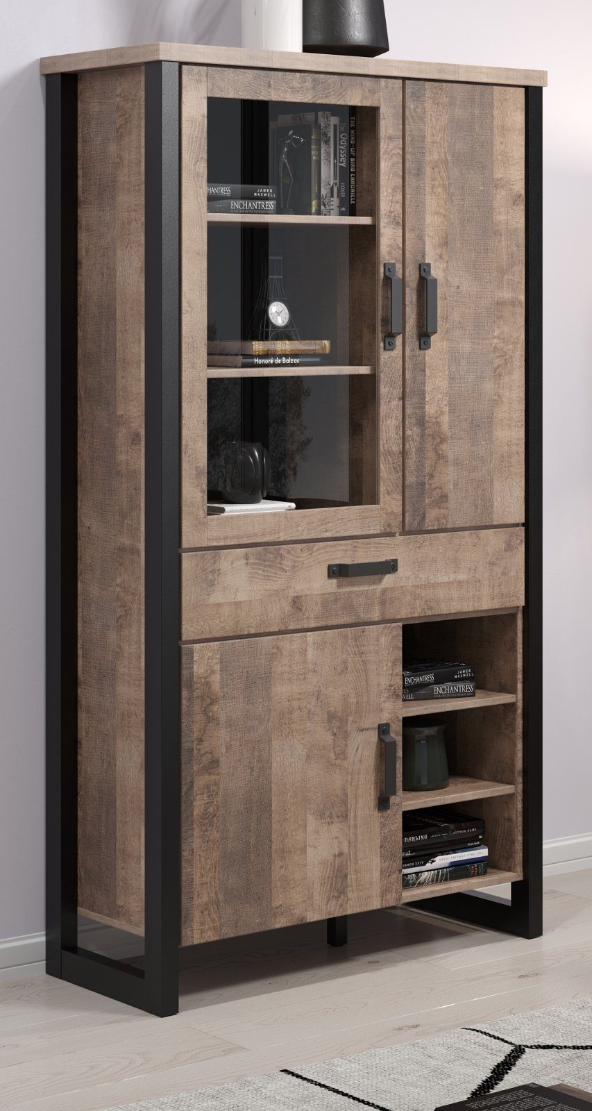 trendteam Stauraumvitrine Emile (Vitrinenschrank Eiche Tabak und schwarz, 106 x 195 cm) 11 Fächer