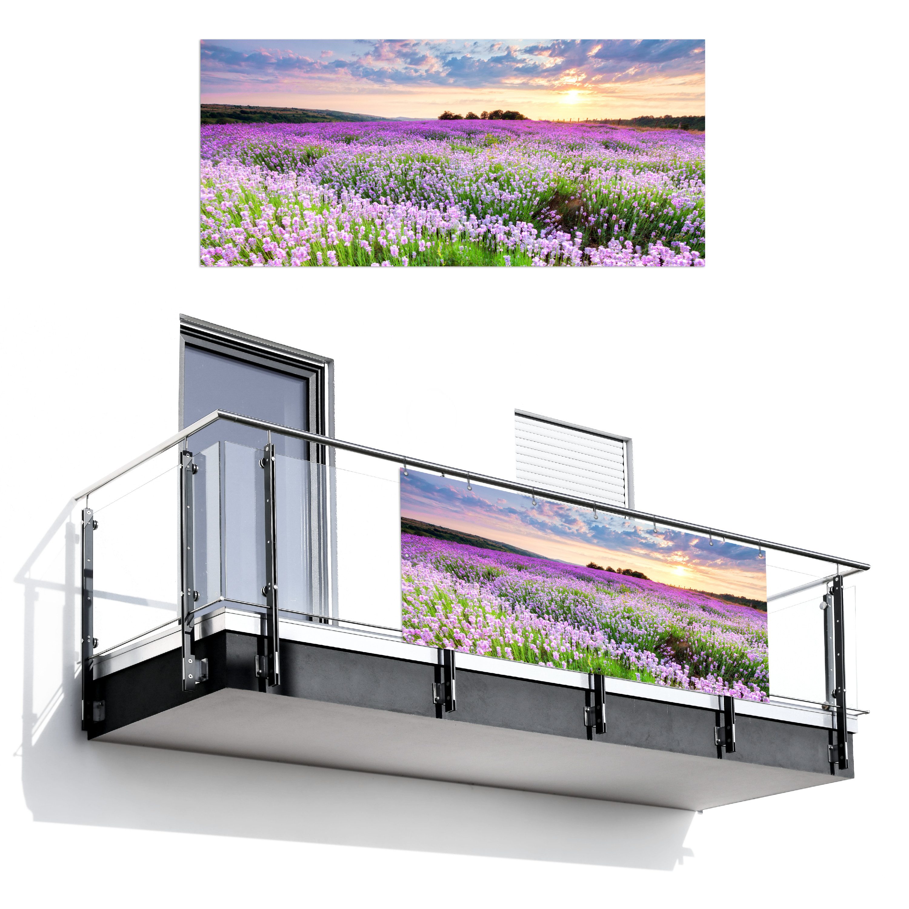 MuchoWow Balkonsichtschutz Blumen - Lavendel - Lila - Himmel - Sonnenuntergang - Wiese - Natur (1-St) Balkon Sichtschutz 90x200, Windschutz für Zaun PVC, 200x90 cm