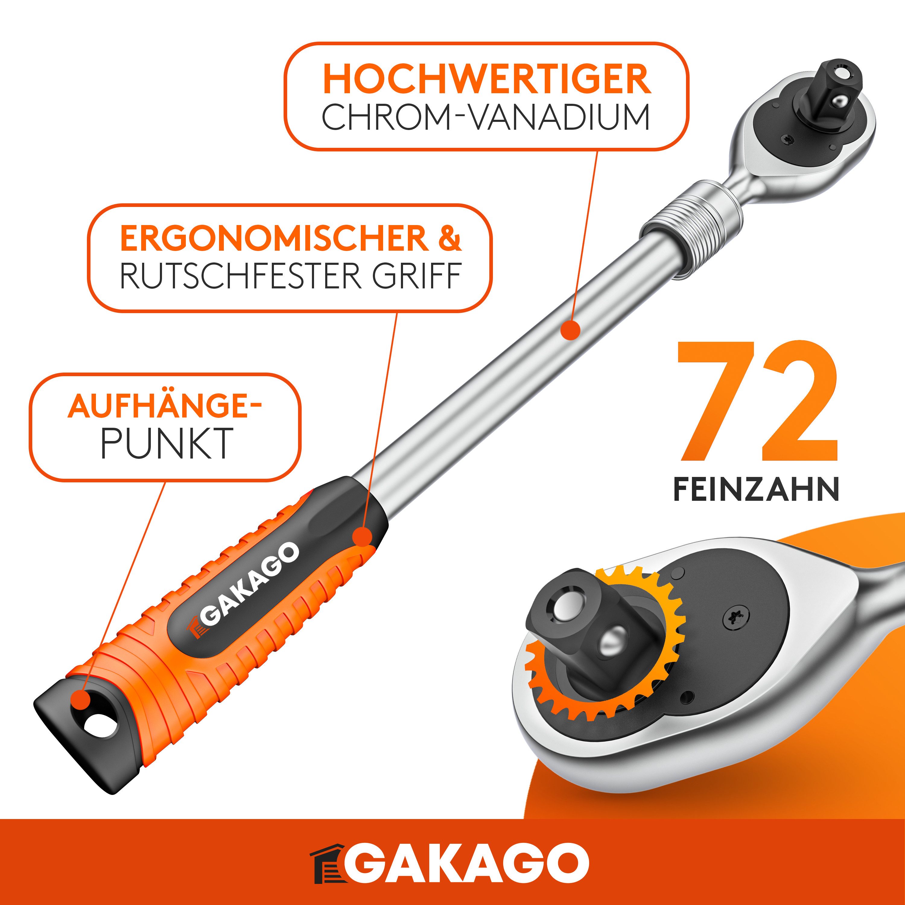 Gakago Telescopic Ratchet (1/2 inch up to 60cm, - Extra long reversible ratchet with ergonomic handle), - Superior power with over 615 Nm and precise 72 fine-tooth gears