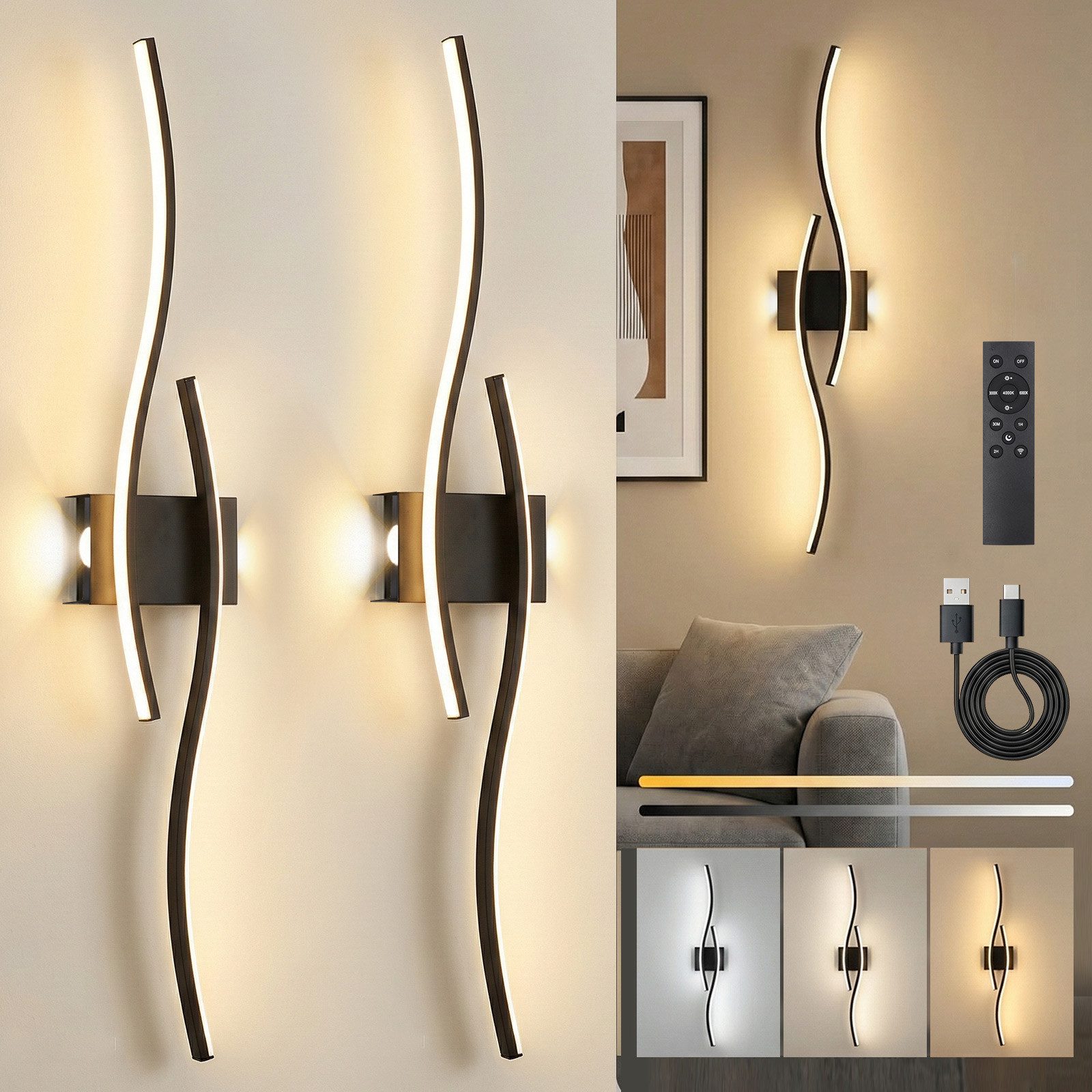 Lapalife Wandleuchte Dimmbar Wandleuchte Innen Kabelloses Wiederaufladbar, 100cm, LED fest integriert, Schwarz LED Wandlampe mit Fernbedienung, Timer, Speicherfunktion