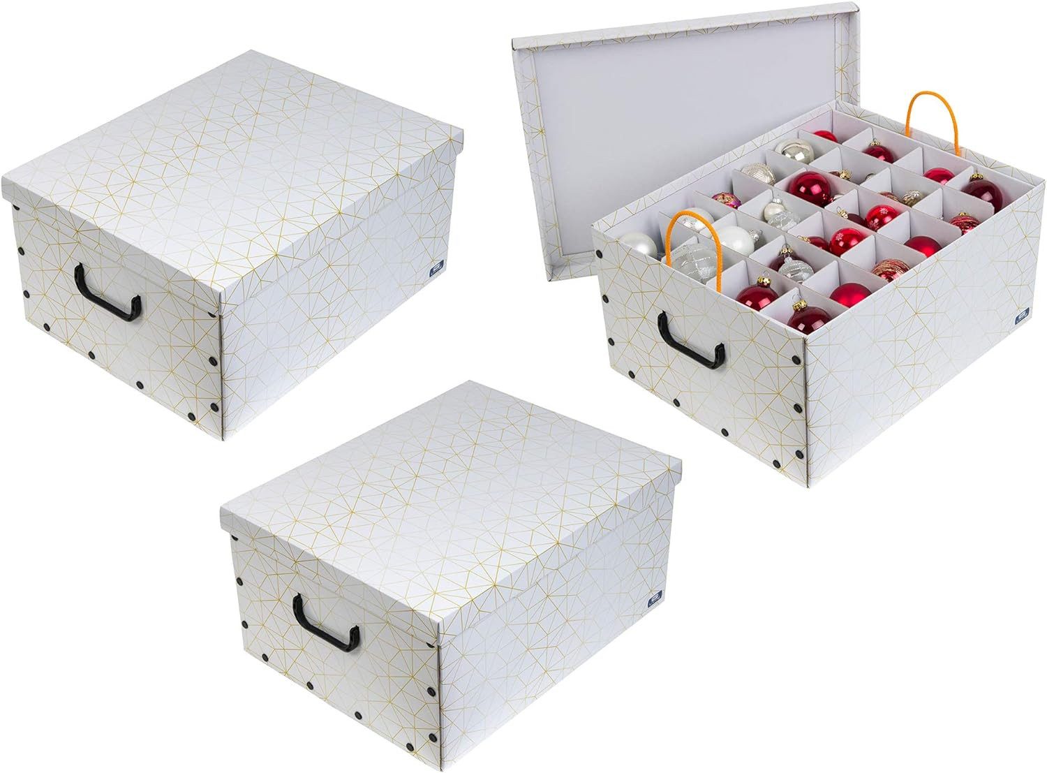 KreLeo Dekokiste Set: 3 x Karton für Christbaumkugeln, Dekor: 'Retro Weiß/Gold'