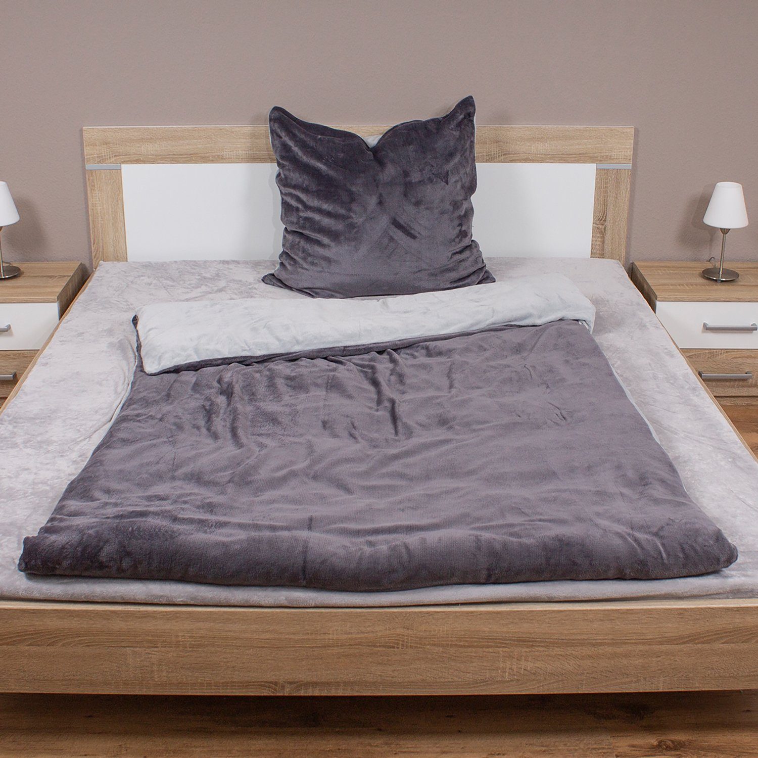 Mojawo Jugendbettwäsche 2tg Cashmere Touch Wende-Bettwäsche Uni Grau/Anthrazit
