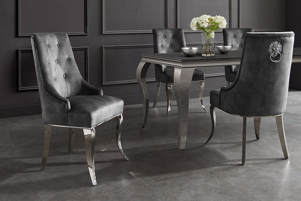 riess-ambiente Esszimmerstuhl MODERN BAROCK DELUXE grau / silber - Samt, Edelstahl, mit Löwenkopf (Einzelartikel, 1 St), Polsterstuhl mit Knopfheftung-ideal für glamouröse Küchen & Esszimmer