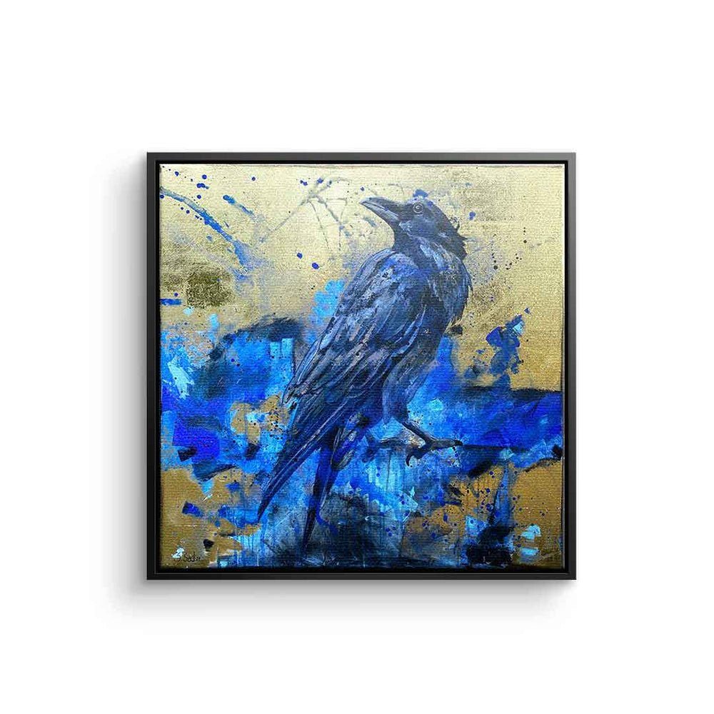 DOTCOMCANVAS® Leinwandbild, Leinwandbild Pepe Rabe Vogel blau gold designed by Sabrina Seck mit pr schwarzer Rahmen