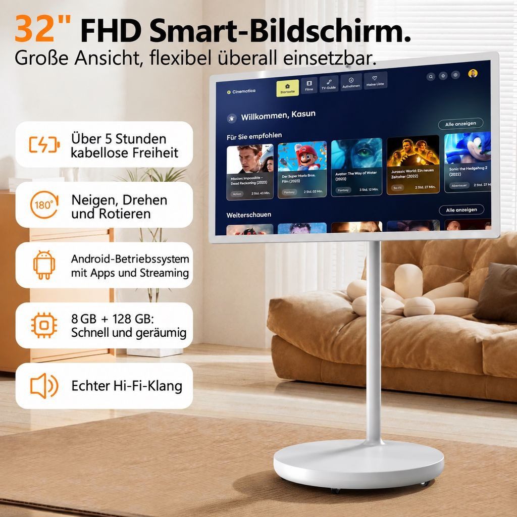 BBG C20P LED-Fernseher (32 Zoll, 1920 × 1080 Pixel, FHD, Mobiler Smart Screen 32 Zoll (31,5), Touchscreen, Android 15, 8.000-mAh-Akku, 360°-Lenkrollen, FHD, Air – Bild 3 von 5