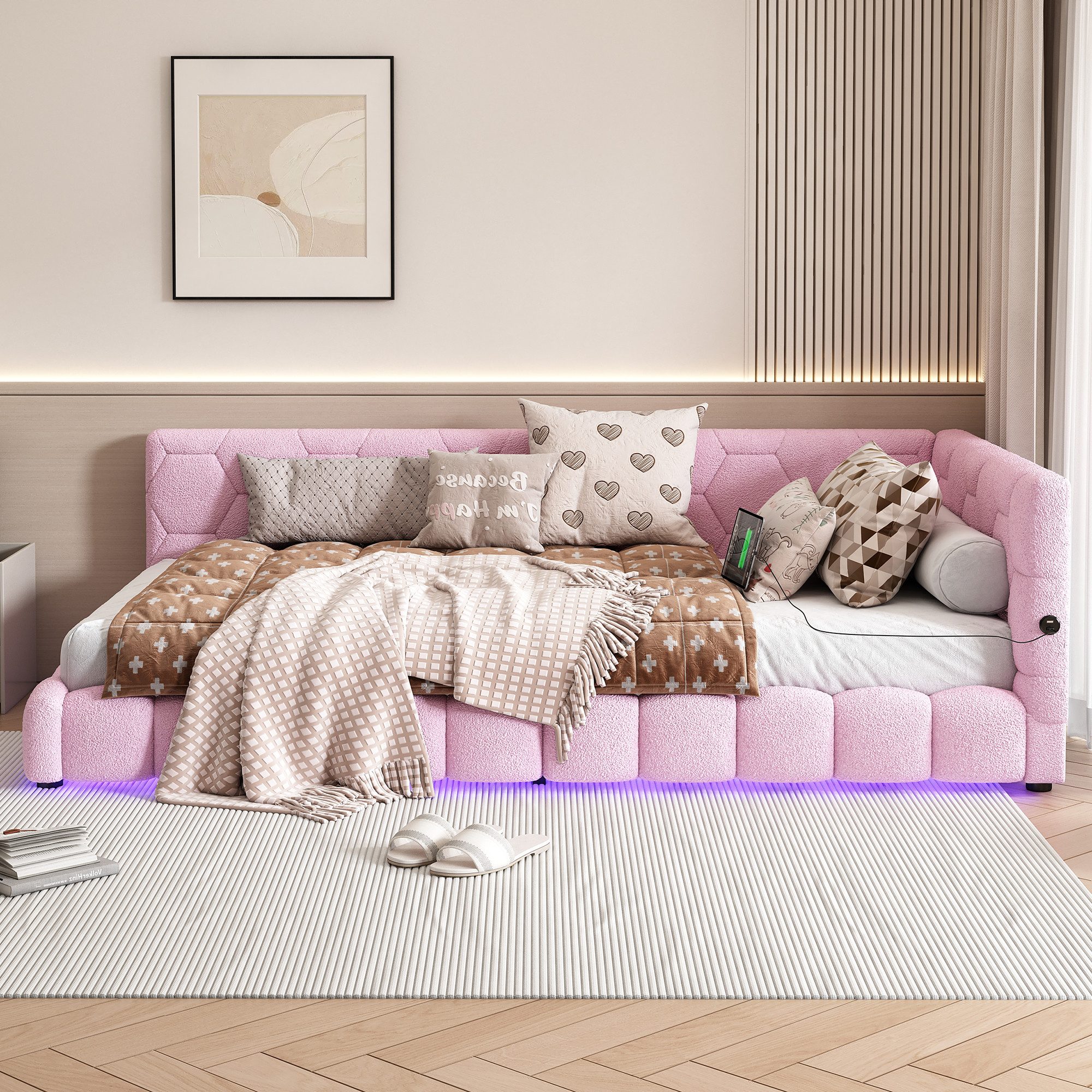 STILVORA Schlafsofa Tagesbett 90×200cm Polsterbett Kinderbett mit USB/Typ-C-Anschluss,LED, Tagesbett mit Lattenrost und 16-farbigem LED-Umgebungslicht, Schlafsofa mit USB- & Typ-C-Anschluss, Komfortmaterial, Ohne Matratze 90x200cm