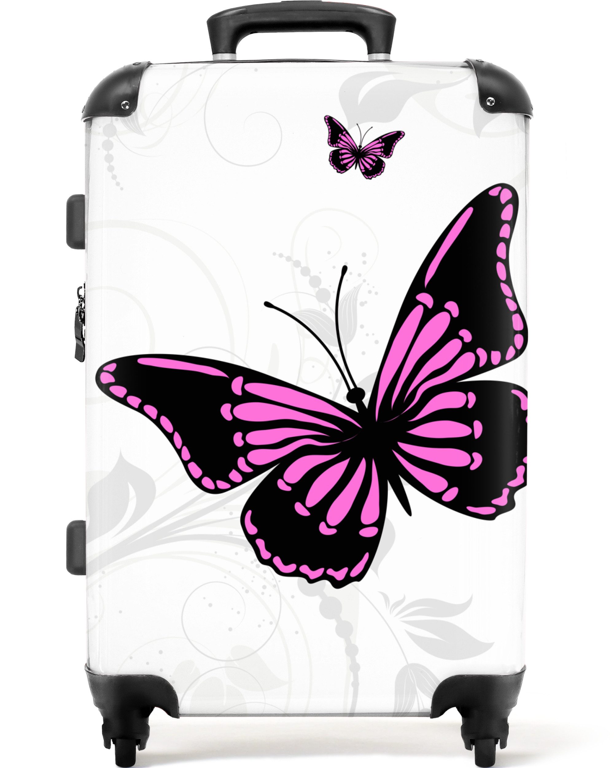 NoBoringSuitcases.com© Kinderkoffer mit leuchtende Räder - Schmetterling - Pflanzen - Rosa - Weiß 67 cm -, 4 Rollen, Koffer Mittelgroß für 20kg, Suitcase für Erwachsene, Reisekoffer