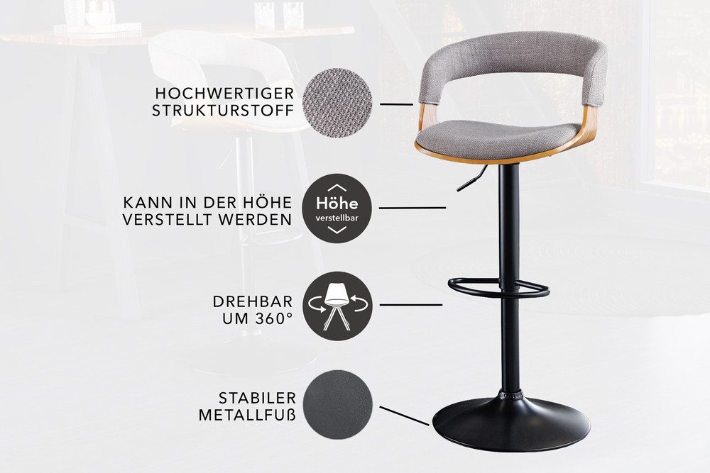 riess-ambiente Barhocker MANHATTAN grau / natur / schwarz (Einzelartikel, 1 St), Strukturstoff · Metall · höhenverstellbar · 360° drehbar · mit Lehne – Bild 4 von 5