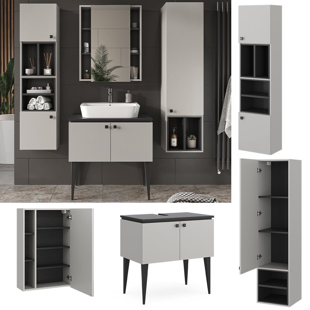 Vicco Badmöbel-Set Gerta, Grau/Schwarz, 4 Teile, günstig online kaufen