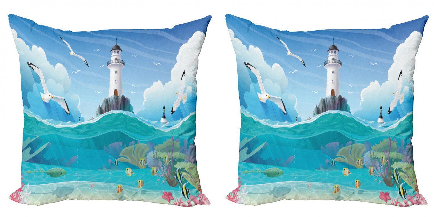 Kissenbezüge Modern Accent Doppelseitiger Digitaldruck, Abakuhaus (2 Stück), blau Wasser Wachturm Seagulls