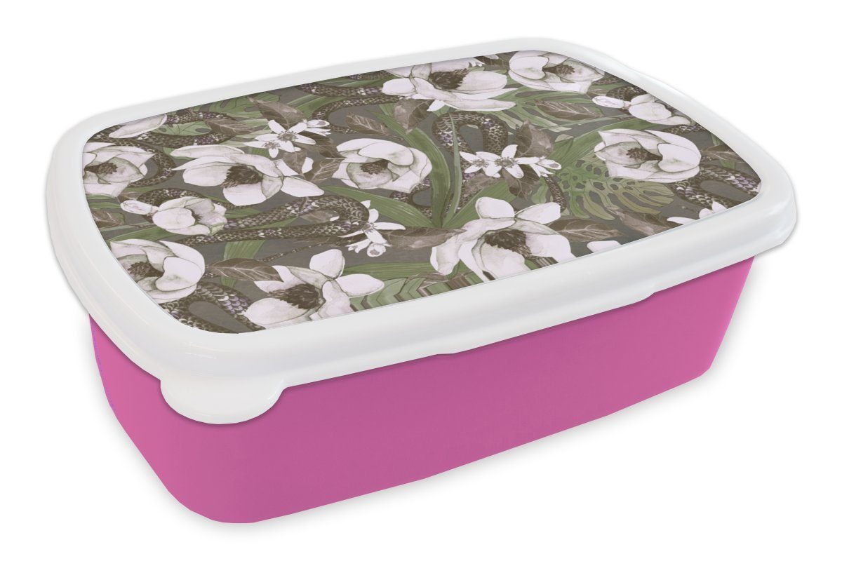 MuchoWow Lunchbox Blumen - Dschungel - Muster, Kunststoff, (2-tlg), Brotbox für Erwachsene, Brotdose Kinder, Snackbox, Mädchen, Kunststoff rosa