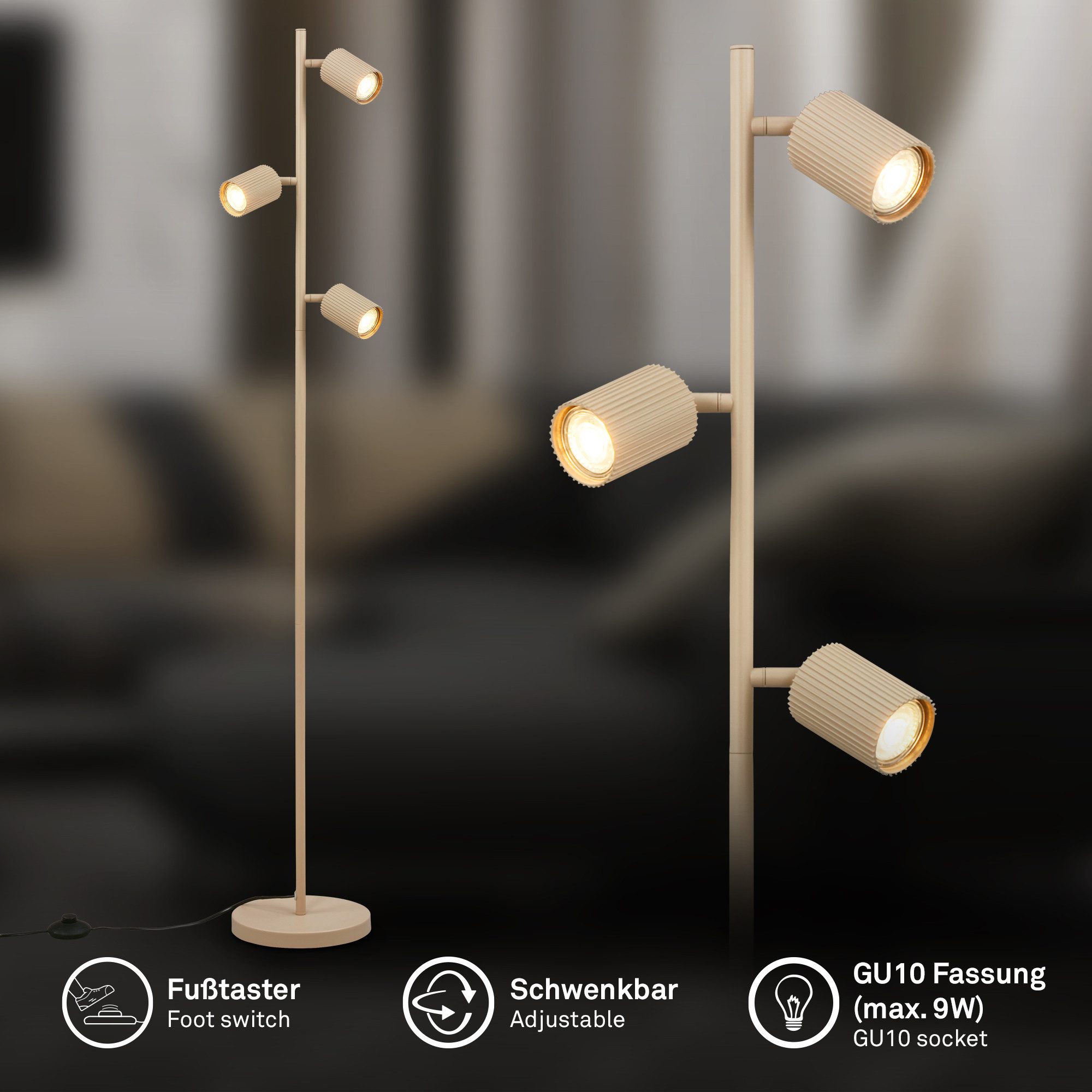 Briloner Leuchten LED Stehlampe Stehleuchte schwenkbar GU10 Riffle-Optik 3-flammig, ohne Leuchtmittel, Abhängig vom Leuchtmittel, 22x141 cm, Wohnzimmer, Schlafzimmer, Büro