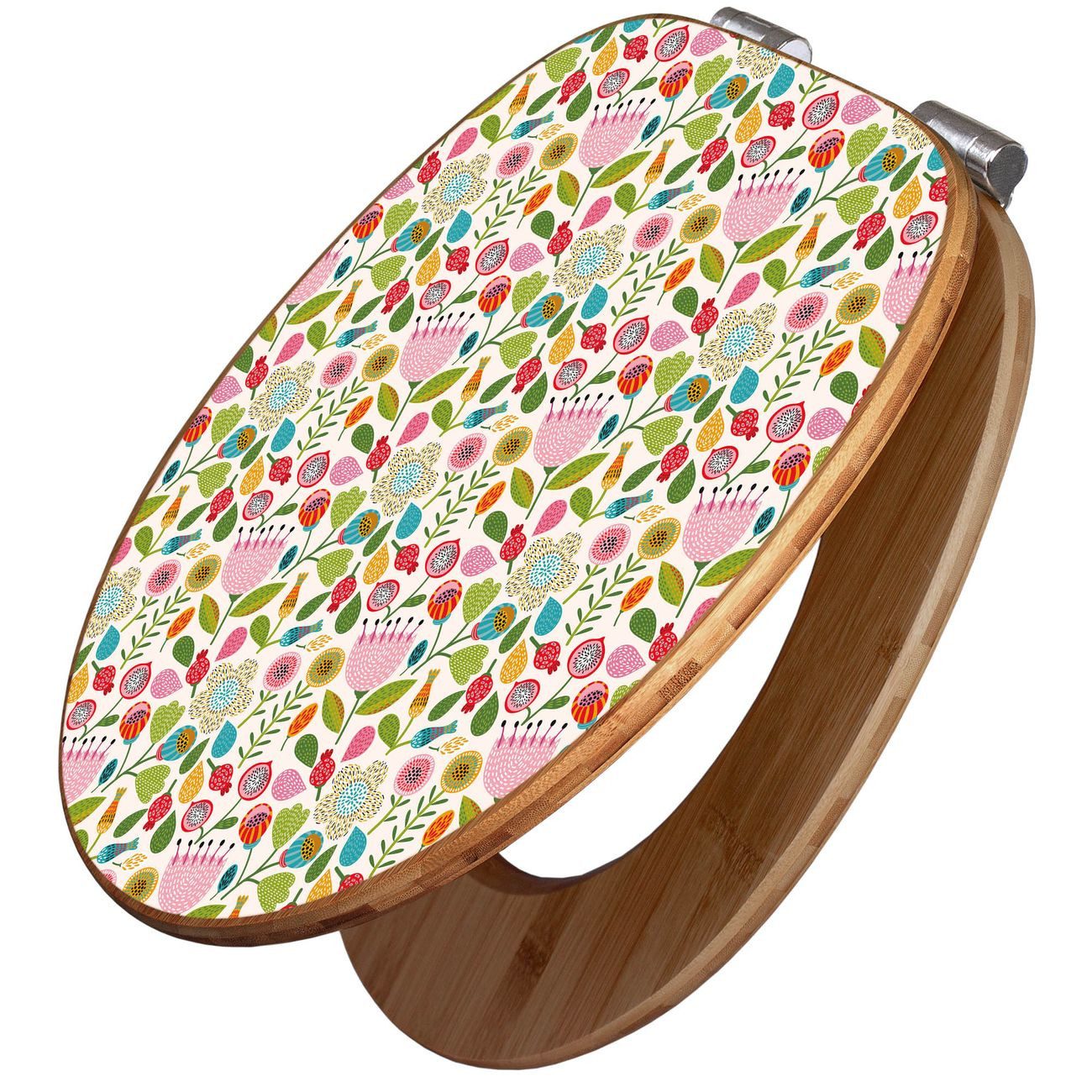 banjado WC-Sitz aus Bambus mit Absenkautomatik Motiv Blumen Naiv (umweltfreundliches Material, integrierte Absenkautomatik), 45,8 x 37,5 x 5 cm