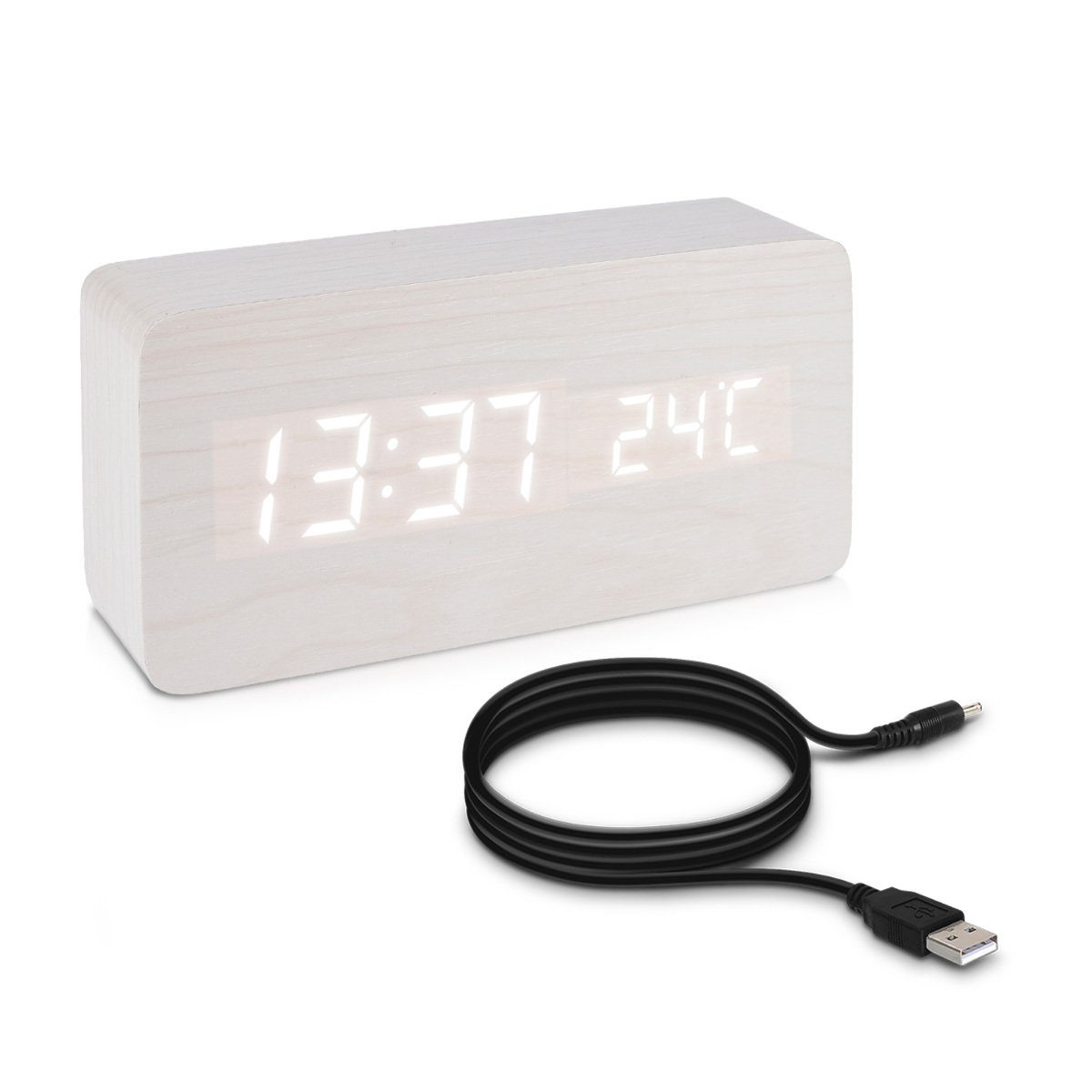 Datum & v. Holzoptik Uhrzeit, Wecker Anzeige kwmobile - Temperatur in Digitalwecker