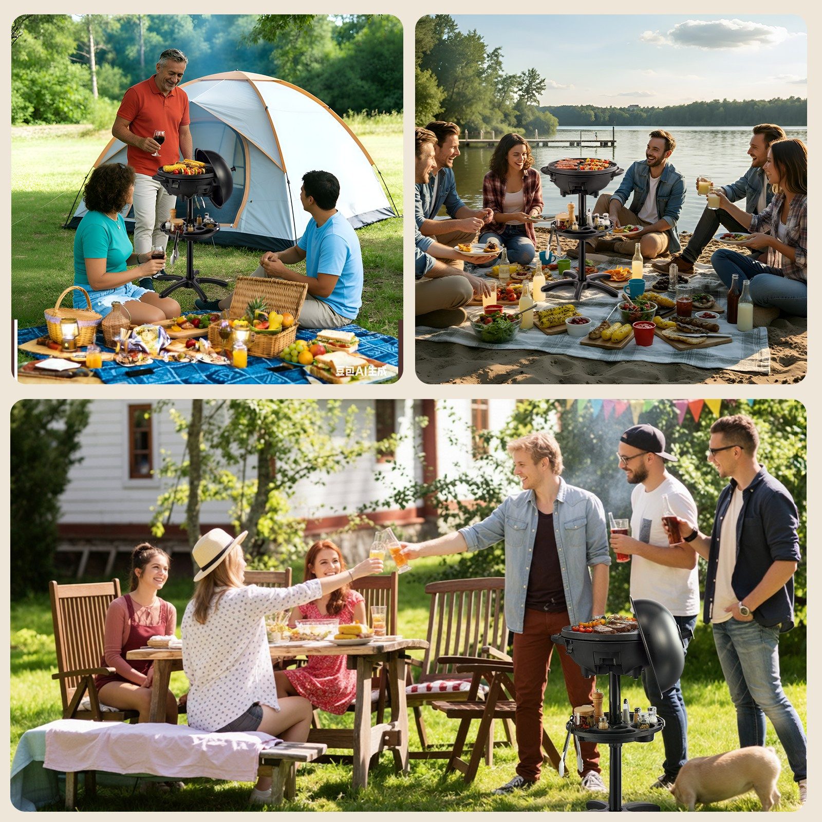 FOHERE Elektro-Standgrill 2-in-1, 2400W, mit Thermometer und Antihaftbeschichtung, 2400 W, geeignet für Balkone und Küchen