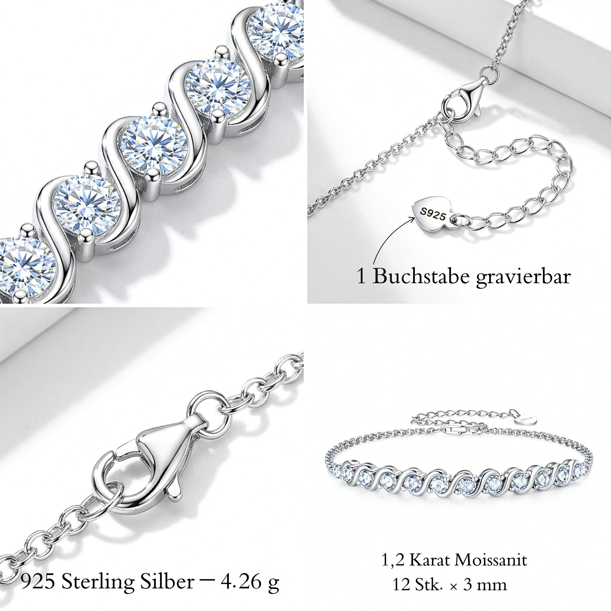 UNIQAL.de Silberarmband 925 Sterling Silber mit Diamant Moissanit 1,20 Karat - Serpentine (Silberarmband mit geschwungenem Moissanit Design, 925 Sterling Silber Weißgold plattiert, inkl. Luxuriöse Schmuck Geschenkbox), Moissanit VVS1 Reinheit, GRA-Zertifikat, Armkette Geschenk für Damen
