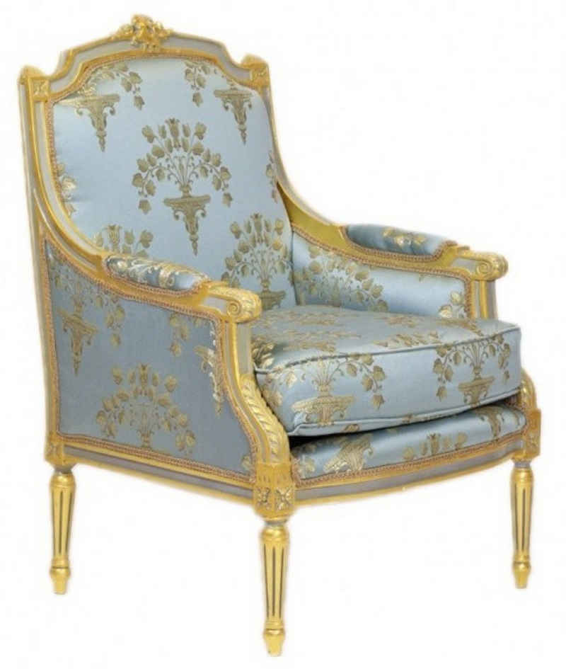 Casa Padrino Sessel Barock Lounge Thron Sessel Empire Blau-Grau Gold Muster / Gold - Ohren Sessel - Ohrensessel Tron Stuhl