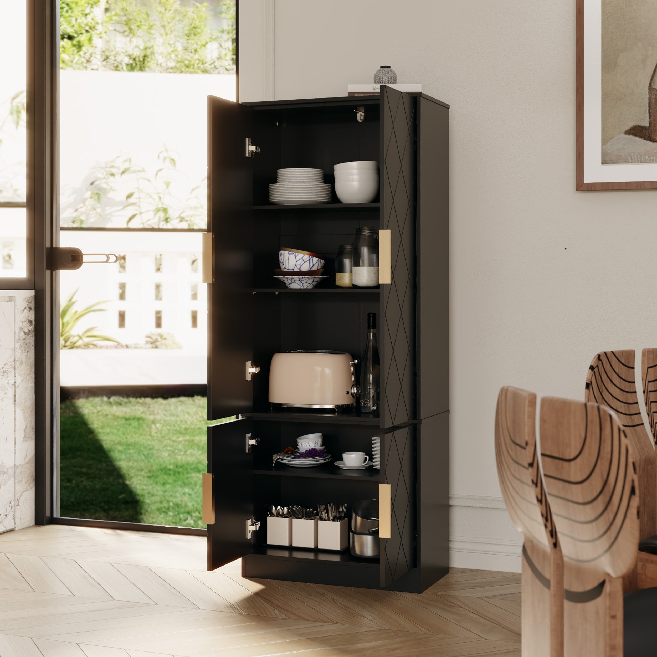 UEV Hochschrank mit 4 Türen, Kücheschrank, Badzimmerschrank (Schuhschrank verschiedenen, vielseitig einsetzbar für Büro, Flur, Küche, Hauswirtschaftsraum) Mehrzweckschrank Aktenschrank Hochschrank mit verstellbare Ablage