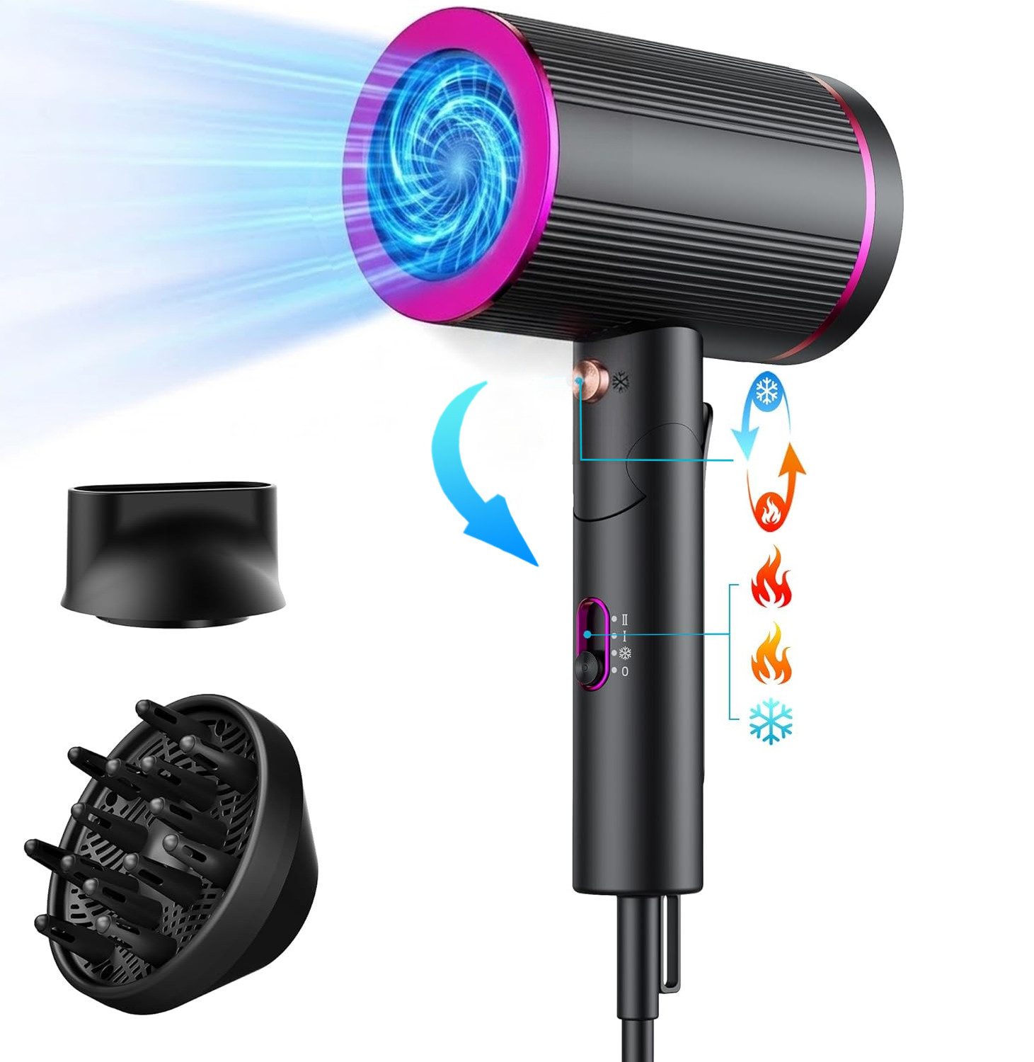 ibettertec Haartrockner Haartrockner Föhn Ionen 2400W,Anti-Spliss mit Kaltluft Modus, 2400,00 W, (25m/S, 3 Stylingaufsätze, angereichert mit Keratin und, Mandelöl, Ionenpflege - Anti Frizz, langlebiger AC-Motor)