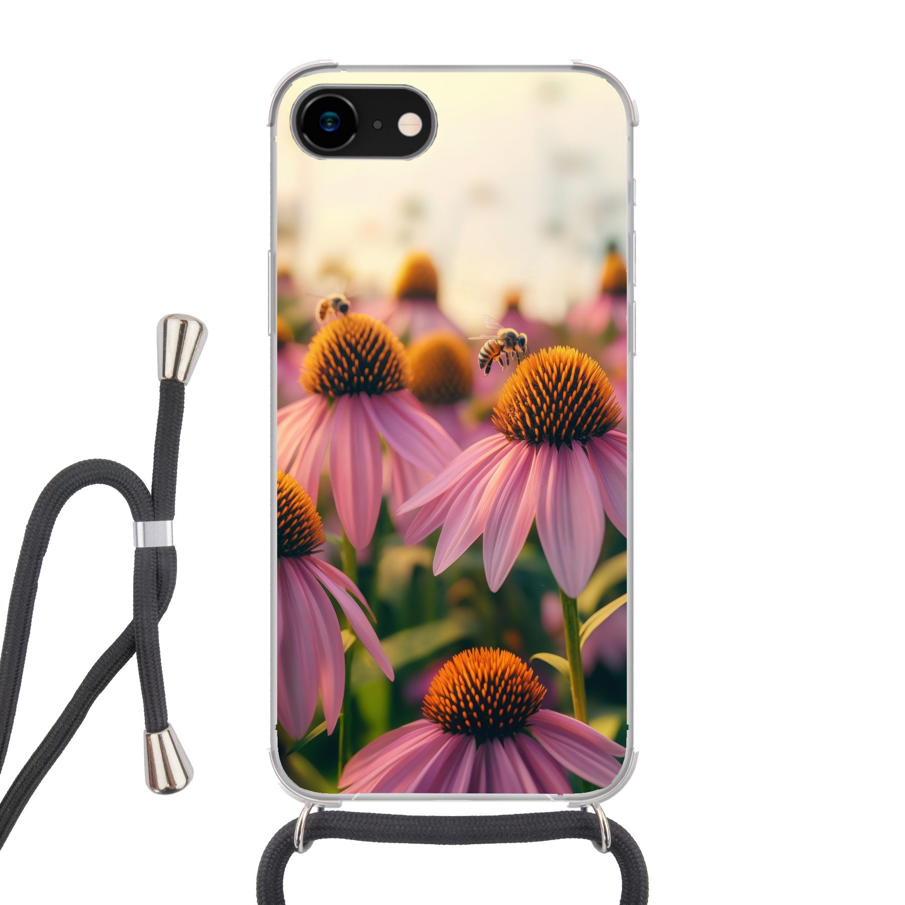 MuchoWow Handyhülle für Apple iPhone 8 Blumen - Lila - Bienen, Tragbare Handyhüllen mit Kette zum umhängen, Handykette Handyband