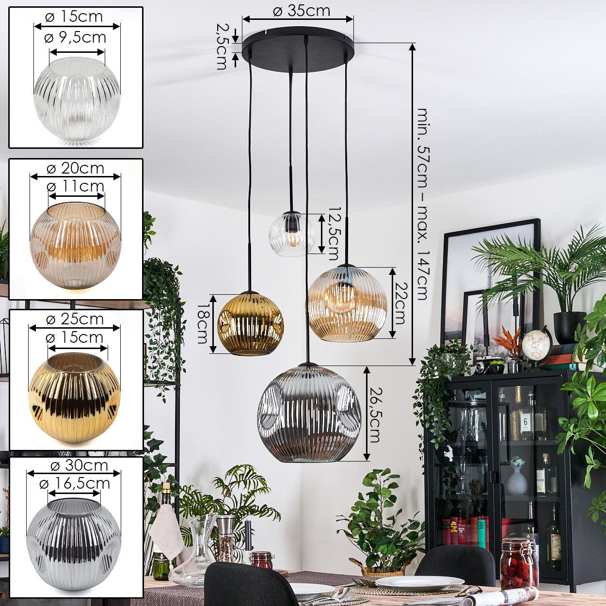 hofstein Hängeleuchte Hängelampe aus Metall/Riffelglas in Schwarz/Bernstein/Rauch/Klar/Gold, Hängeleuchte im Retro/Vintage-Design (15; 20; 25; 30 cm), 4 x E27