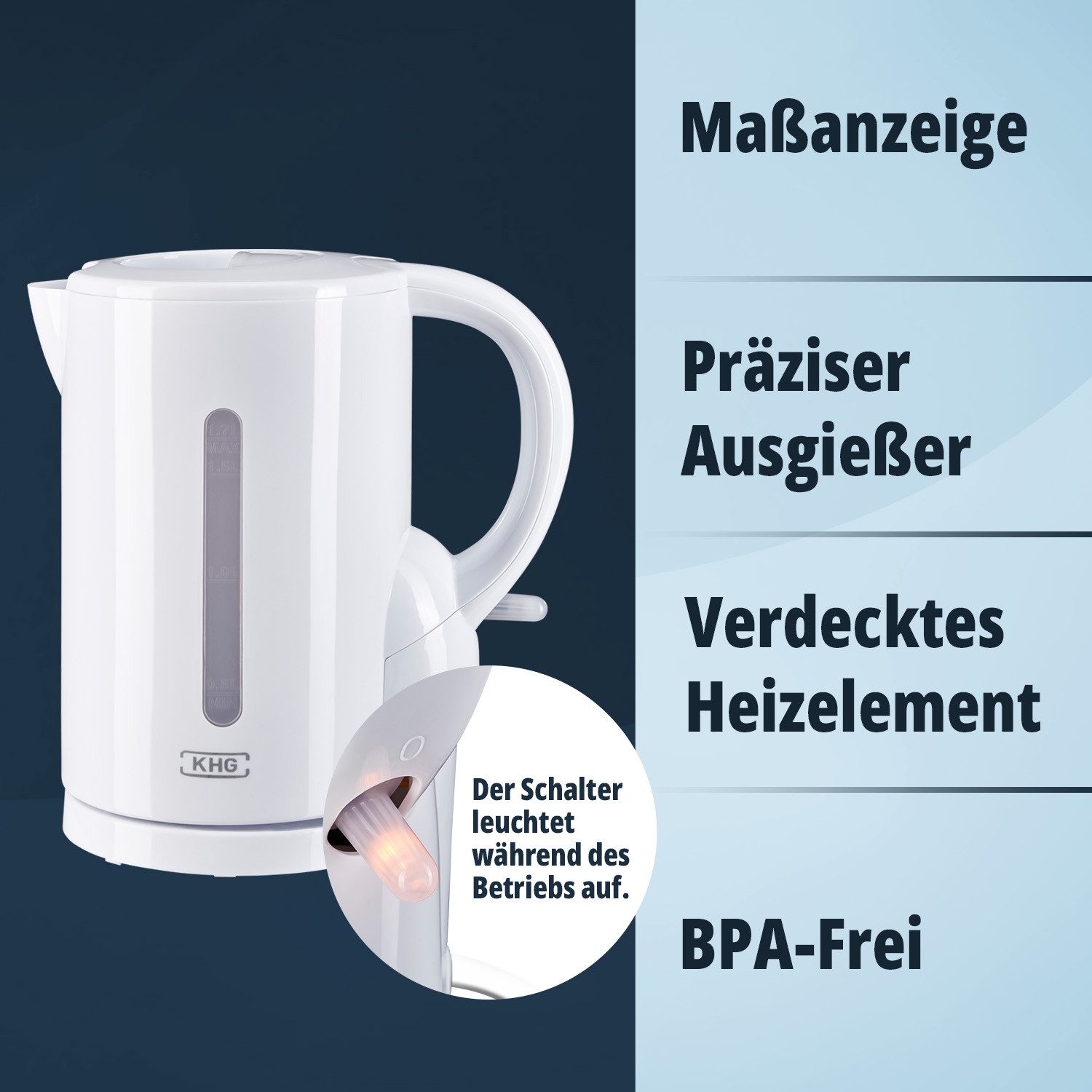 KHG Wasserkocher WK-170 W weiß aus Metall & Kunststoff, 1,7 Liter Fassvermögen, 1.7 l