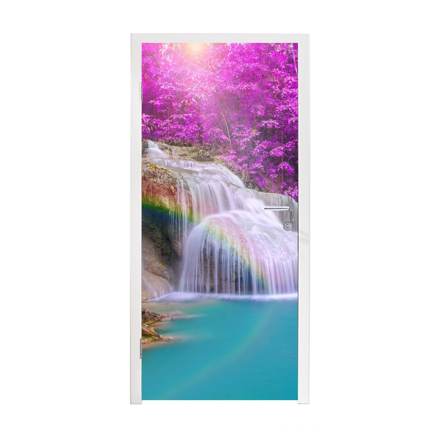 MuchoWow Türtapete Wasserfall - Bäume - Regenbogen - Lila, Matt, bedruckt, (1 St), Fototapete für Tür, Türaufkleber, 75x205 cm