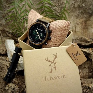 Holzwerk Chronograph BERGHEIM Damen & Herren Holz Armband Uhr mit Datum, schwarz, grün