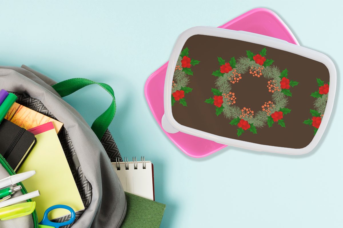Lunchbox Stechpalme Schnittmuster, Kunststoff, rosa - für Kinder, Brotdose Kunststoff Weihnachtskranz - Mädchen, Erwachsene, MuchoWow Snackbox, (2-tlg), Brotbox