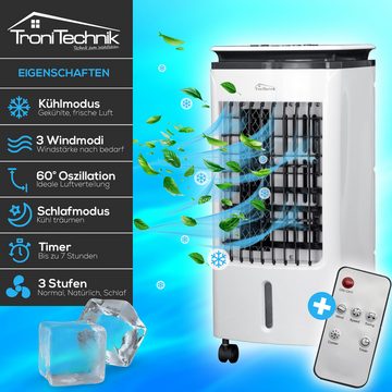 TroniTechnik Standventilator LK02 mit Wassertank,3-in-1 Air Cooler,Leiser Ventilator,Luftbefeuchter, Timer,Oszillation,3 verschiedene Intensitätsstufen,Kühlakkus inklusive