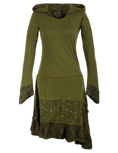 Vishes Jerseykleid Lagenlook Patchworkkleid mit Zipfelkapuze, Rüschen Hippie, Boho, Goa Elfen Style