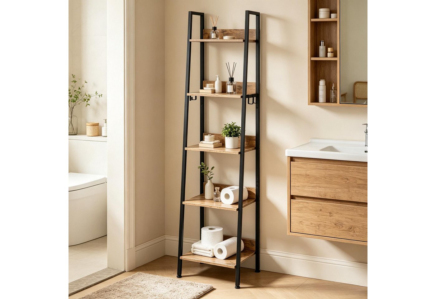 ibettertec Bücherregal 5-stufiges Bücherregal im Industrial-Stil, Standregal mit schwarzem Metallrahmen und MDF-Platten, für Wohnzimmer, Schlafzimmer